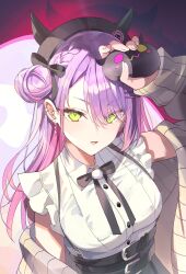 Rule 34 | 1girl, absurdres, arm up, beret, bibi (tokoyami towa), black bow, black bowtie, black hat, black skirt, bow, bowtie, braid, cardigan, collared shirt, colored inner hair, commentary, fake horns, frilled shirt, frilled sleeves, frills, green eyes, grey cardigan, hair bun, hat, high-waist skirt, highres, holding, hololive, horned headwear, horns, jirai kei, long hair, looking at viewer, misyune, multicolored hair, off shoulder, official alternate costume, official alternate hairstyle, open cardigan, open clothes, open mouth, pink hair, pointy ears, pom pom (clothes), purple hair, shirt, short sleeves, side braid, side up bun, single side bun, skirt, solo, suspender skirt, suspenders, tokoyami towa, tokoyami towa (jirai kei), upper body, virtual youtuber, white shirt
