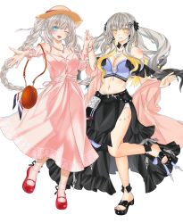 2girls absurdres bare_shoulders blue_eyes breast_apart breasts cleavage collarbone fate/grand_order fate_(series) female_focus full_body highres marie_antoinette_(fate) marie_antoinette_alter_(fate) multiple_girls navel one_eye_closed open_mouth simple_background smile standing tagme white_background yellow_eyes