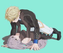 Rule 34 | 1boy, 1girl, bare shoulders, black bodysuit, black boots, black sleeves, blonde hair, blue eyes, bodysuit, boots, breasts, bronya rand, collarbone, couple, dqdph, drill hair, exercising, eye contact, face-to-face, gepard landau, grey eyes, grey hair, hair between eyes, hands on another&#039;s shoulders, hetero, honkai: star rail, honkai (series), long hair, long sleeves, looking at another, lying, medium breasts, on back, open mouth, pants, push-ups, short hair, simple background, smile, strapless, white pants