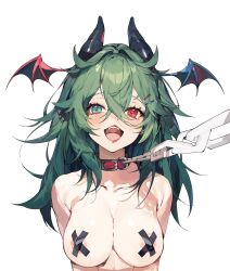 1girl absurdres animal_collar aqua_eyes areola_slip aruna_reaver ayumeyatto black_horns breasts chain chain_leash collar collarbone crossed_bangs demon_girl demon_horns demon_wings eyelashes green_hair hair_between_eyes hair_ornament hairclip head_wings heterochromia highres horns indie_virtual_youtuber leash lips long_hair medium_breasts nude open_mouth pasties pink_collar red_eyes solo tape tape_on_nipples teeth upper_body upper_teeth_only viewer_holding_leash virtual_youtuber wings
