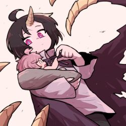 1boy 1girl ahoge baby blush brown_hair carrying_baby carrying_person clen_(clevatess) clevatess:_majuu_no_ou_to_akago_to_shikabane_no_yuusha horns looking_at_another luna_(clevatess) open_mouth pink_eyes pink_hair shirt simple_background takurada white_background white_shirt