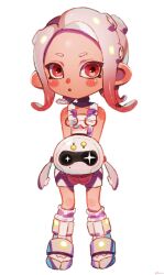 1girl :o agent_8_(splatoon) blush bodysuit boots drone full_body gradient_hair grey_hair highres medium_hair multicolored_hair nintendo non-humanoid_robot octoling octoling_girl octoling_player_character open_mouth pearl_(splatoon) pearl_drone_(splatoon) plum0o0 red_eyes red_hair robot simple_background sleeveless sleeveless_bodysuit socks splatoon_(series) splatoon_3 splatoon_3:_side_order standing tentacle_hair two-tone_hair white_background white_bodysuit white_footwear white_socks