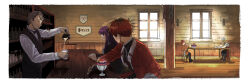 1girl 3boys absurdres aged_down bartender beard black_bow black_bowtie black_hair black_pants black_vest bottle bow bowtie cape cheekbones child closed_eyes cocktail_glass cup dessert drinking_glass dwarf eisen_(sousou_no_frieren) facial_hair fake_horns fern_(sousou_no_frieren) flashback food glass helmet highres horned_helmet horns indoors kagawaraifu long_sleeves looking_at_another multicolored_hair multiple_boys pants party!_(dungeon_meshi) pouring purple_hair red_cape red_hair sitting sousou_no_frieren stark_(sousou_no_frieren) stubble table two-tone_hair vest window wooden_floor