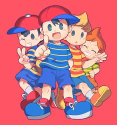 Rule 34 | 4boys, :d, :o, ^ ^, arm behind back, backpack, bag, baseball cap, black eyes, black hair, blonde hair, blue footwear, blue shirt, blue shorts, blush, blush stickers, brothers, claus (mother 3), closed eyes, commentary request, green shirt, grin, hair between eyes, hand on own hip, hand up, hat, highres, index finger raised, looking at viewer, lucas (mother 3), male focus, mother (series), mother 1, mother 2, mother 3, multicolored clothes, multicolored shirt, multiple boys, ness (mother 2), ninten, nintendo, one eye closed, open mouth, orange hair, orange shoes, orange shorts, outstretched hand, quiff, red background, red footwear, red hat, red shirt, red socks, satokichi, shirt, shoes, short hair, short sleeves, shorts, siblings, sideways hat, simple background, smile, sneakers, socks, standing, striped clothes, striped shirt, t-shirt, teeth, two-tone shirt, v, v-shaped eyebrows, white socks, yellow bag, yellow shirt