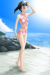 Rule 34 | beach, bikini, black hair, blue eyes, breasts, chairopen, glasses, highres, shibarikini, short hair, side-tie bikini bottom, small breasts, standing, swimsuit, water, wet