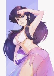 1girl alternate_costume ass ayra_(fire_emblem) ball beachball bikini black_eyes black_hair breasts earrings eili_enie fire_emblem fire_emblem:_genealogy_of_the_holy_war grin highres jewelry long_hair looking_at_viewer looking_back medium_breasts nintendo sarong see-through_clothes see-through_sarong smile swimsuit thighs white_bikini