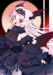 1girl bat_wings bodysuit bodysuit_under_clothes borrowed_character bow braid breasts cleavage collar commission dress fang flower frilled_collar frills full_moon hair_between_eyes hair_intakes half_up_braid head_wings highres large_breasts long_hair long_hair_between_eyes low_wings moon open_mouth original pointy_ears purple_bow purple_flower purple_rose red_eyes rose skeb_commission skin_fang skirt_hold solo strapless strapless_dress tiara vampire webp-to-png_conversion white_hair wings yuzuki_gao