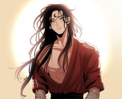 1boy black_hair closed_mouth day grey_eyes long_hair looking_at_viewer male_focus moon_(symbol) noctis_(shadow_slave) open_yukata ponytail red_yukata shadow_slave smile solo sun sunlight very_long_hair