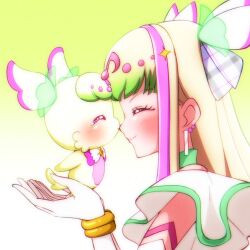 @est@ bow bowtie bracelet closed_eyes commentary_request cure_zukyuun dual_persona earrings elbow_gloves fairy gloves green_hair jewelry kimi_to_idol_precure multicolored_hair pink_hair precure purirun_(precure) tears two-tone_hair