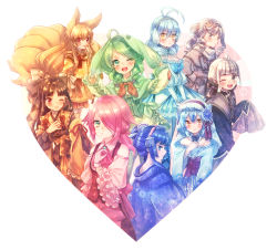 6+girls :d ;) ;d ahoge alternate_color animal_ears antenna_hair ascot bare_shoulders bell black_gloves black_hair black_hairband blonde_hair blue_dress blue_hair blue_kimono blue_ribbon blunt_bangs blush bow bowtie braid breasts brooch brown_bow brown_eyes brown_hair brown_jacket brown_shorts brown_vest buttons character_request cleavage closed_mouth collar corset creatures_(company) cross-laced_clothes crown crystal detached_collar detached_sleeves dress drill_hair earmuffs elbow_gloves fingerless_gloves floral_print flower fox_ears fox_tail frilled_sleeves frills froslass furisode game_freak gem gen_1_pokemon gen_3_pokemon gen_4_pokemon gen_5_pokemon gen_7_pokemon gloves green_dress green_eyes green_hair grey_eyes grey_hair hair_bell hair_between_eyes hair_bow hair_bun hair_flaps hair_flower hair_ornament hair_over_shoulder hair_tie hairband hand_on_own_hip hand_on_own_chest hand_up hands_up heart jacket japanese_clothes jewelry juliet_sleeves kanzashi kimono long_hair long_sleeves looking_at_viewer looking_back looking_to_the_side low-tied_long_hair mawile medium_breasts moe_(hamhamham) multicolored_hair multiple_girls multiple_tails necklace ninetales nintendo ofuda one_eye_closed open_mouth orange_eyes orange_skirt oricorio parted_bangs personification pink_bow pink_hair pink_ribbon pokemon ponytail puffy_sleeves rainbow_order red_bow red_bowtie red_eyes red_ribbon reuniclus ribbon round_teeth short_dress shorts sidelocks simple_background single_hair_bun skirt sleeves_past_wrists smile standing swanna swept_bangs tail tassel teeth thighhighs turtleneck twin_braids twin_drills twintails two-tone_hair vest white_background white_gloves wide_sleeves wigglytuff wristband yellow_eyes yellow_legwear