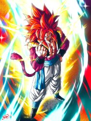 abs aura biceps blue_eyes blue_sash body_fur brown_fur dragon_ball dragon_ball_gt fusion fusion_dance gogeta hand_on_own_hip highres metamoran_vest monkey_boy monkey_tail muscular muscular_male pectorals sash smirk stynl_f super_saiyan super_saiyan_4 tail veins veiny_hands