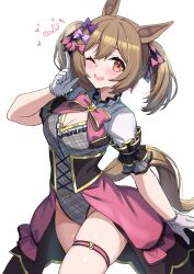 1girl adapted_costume animal_ears black_corset blush bow bowtie breasts brown_eyes brown_hair cleavage commentary_request corset cowboy_shot frilled_leotard frills gloves gold_trim grey_leotard hair_between_eyes hair_bow highres horse_ears horse_girl horse_tail index_finger_raised kibihimi leotard looking_at_viewer medium_breasts multiple_hair_bows one_eye_closed open_mouth pink_bow pink_bowtie pink_overskirt plaid_clothes plaid_leotard purple_bow short_sleeves showgirl_skirt simple_background skindentation smart_falcon_(umamusume) smile solo tail thigh_strap thighs trailblazer_bash!_(umamusume) twintails umamusume white_background white_gloves
