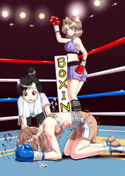 3girls abs boxing boxing_gloves boxing_ring catfight highres k.o. multiple_girls punching santos smile stomach_punch sweat sweatdrop tagme