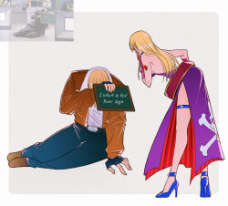 1boy 1girl arm_support arm_tattoo ass b._jenet blonde_hair breasts covering_own_mouth denim dress english_text fatal_fury feet fingerless_gloves garou:_mark_of_the_wolves gloves hand_on_own_hip high_heels highres jacket jeans large_breasts leaning_forward leather legs long_hair meme open_clothes open_jacket pants short_hair sideboob sitting snk tattoo terry_bogard the_king_of_fighters thighs