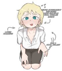 1girl aqua_eyes black_skirt blonde_hair blush breasts c&#039;venash_vishneri chair cigarette cleavage english_text flying_sweatdrops from_above highres holding holding_cigarette medium_breasts miniskirt office_lady pencil_skirt psychopomp_(game) shirt short_hair sitting skirt smoke solo taut_clothes taut_skirt tongue tongue_out white_shirt zlix0n