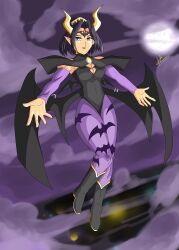 absurdres animal_print ankle_boots bare_shoulders bat_print bat_wings black_cloak black_hair blue_eyes boots cleavage_cutout cloak clothing_cutout cloud cloudy_sky cosplay demon_girl demon_horns digimon digimon_(creature) floating flying full_moon highres horns hug_invitation leotard lilithmon moon morrigan_aensland morrigan_aensland_(cosplay) night night_sky pointy_ears shin-zankuro short_hair sidelocks sky thighhighs turtleneck wings