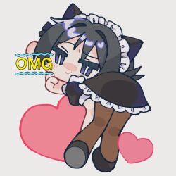 1boy alternate_costume animal_ears bent_over black_bow black_dress black_hair blunt_ends blush bow brown_pantyhose cat_boy cat_ears chibi closed_mouth crossdressing dress enmaided frilled_dress frilled_hairband frills genshin_impact hair_bow hair_intakes hairband hand_on_own_face heart highres juliet_sleeves long_sleeves looking_at_viewer looking_back maid maid_headdress male_focus male_maid pantyhose puffy_sleeves purple_eyes raised_eyebrow scaramouche_(genshin_impact) short_sleeves smile solo top-down_bottom-up wa_gi88 white_background white_hairband white_headdress wispy_bangs