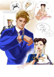 Rule 34 | 1girl, 2boys, absurdres, bardy warrior, blue suit, capcom, chun-li, commentary, double bun, english commentary, english text, flattop, food, formal clothes, guile, hair bun, highres, luke sullivan, multiple boys, necktie, nipples, pizza, purple necktie, scar, scar on face, smile, speech bubble, street fighter, street fighter 6, suit