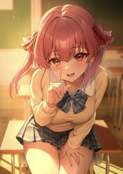 1girl absurdres alternate_costume blue_bow blue_bowtie blurry blurry_background blush bow bowtie breasts chalkboard classroom collared_shirt commentary_request desk hair_ribbon heterochromia highres holika_baby hololive houshou_marine index_finger_raised indoors large_breasts leaning_forward long_sleeves looking_at_viewer on_desk open_mouth plaid_bow plaid_bowtie plaid_clothes plaid_skirt pleated_skirt red_eyes red_hair red_ribbon ribbon school_desk school_uniform shirt sitting skirt smile solo sunlight sweater twintails virtual_youtuber white_footwear yellow_eyes yellow_sweater