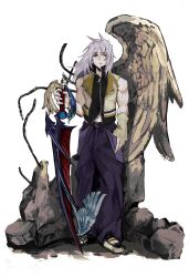 1boy bare_shoulders black_vest blue_pants broken_statue cho5782 closed_mouth debris full_body grey_hair hair_between_eyes half-closed_eyes highres holding holding_weapon keyblade kingdom_hearts kingdom_hearts_ii male_focus medium_hair pants riku_(kingdom_hearts) sculpture single_wing solo vest weapon white_background wings yellow_vest