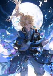 Rule 34 | 1boy, belt, black arm warmers, blonde hair, blood, blood on face, blue robe, chinese clothes, floating hair, foot out of frame, full moon, hand up, honkai: star rail, honkai (series), hydrokinesis, layered sleeves, long hair, long sleeves, male focus, moon, night, pants, parted bangs, parted lips, ponytail, pouch, robe, seal impression, sheath, shirt, sidelocks, sky, standing, standing on one leg, star (sky), starry sky, tassel, thigh belt, thigh strap, three-quarter sleeves, water, white pants, white shirt, xuedaixun, yanqing (honkai: star rail), yellow eyes