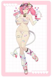 1girl :q absurdres animal_ears animal_print arm_warmers bandaid bandaid_on_breast bandaid_on_thigh bare_shoulders bell bikini black_socks border bottle bow breasts choker closed_mouth commentary_request cow_ears cow_hair_ornament cow_horns cow_print cow_print_bikini cow_tail cowbell eyepatch_bikini eyewear_on_head full_body glass_bottle grid_background hair_ornament hairclip hands_up heart heart_hair_ornament highres holding holding_bottle horns large_breasts leg_warmers long_hair looking_at_viewer milk_carton navel one_eye_closed original outside_border pill_hair_ornament pink_border pink_hair pink_shoes print_bikini purple_eyes sattan_(u_rara) shoes side-tie_bikini_bottom skindentation socks solo standing straight_hair sunglasses swimsuit tail tail_bow tail_ornament thigh_strap tongue tongue_out twintails two-tone_footwear w_arms white_arm_warmers white_choker white_footwear x_hair_ornament