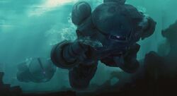 absurdres acguy bubble dangodes glowing glowing_eye gundam highres machinery mecha mecha_focus mobile_suit mobile_suit_gundam no_humans ocean one-eyed pink_eyes realistic robot rock science_fiction submerged swimming underwater water z&#039;gok zeon