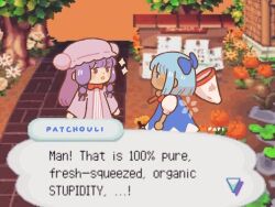 2girls animal_crossing blue_bow blue_dress blue_eyes blue_hair bow butterfly_net cirno commentary dress english_text hair_bow hand_net hat holding long_hair mob_cap multiple_girls nintendo outdoors papi_apricot patchouli_knowledge pink_hat purple_eyes purple_hair short_hair tanned_cirno touhou