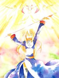 1girl arms_up blue_dress blue_eyes cowboy_shot dress grey_eyes grey_thighhighs holding holding_staff long_hair long_sleeves looking_at_viewer open_mouth priest_(ragnarok_online) ragnarok_online sansaro solo staff thighhighs v-shaped_eyebrows yellow_background