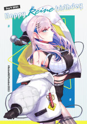 Rule 34 | 1girl, artistic error, asterisk (pmpalg v), black shirt, black shorts, chest strap, fishnets, highres, holding, holding microphone, hololive, hololive indonesia, microphone, pavolia reine, pavolia reine (streetwear), shirt, shorts, virtual youtuber, white hair, wrong hand