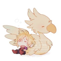 1boy armor bird blonde_hair boots brown_boots chibi chocobo closed_eyes closed_mouth cloud_strife earrings final_fantasy final_fantasy_vii final_fantasy_vii_rebirth final_fantasy_vii_remake highres jewelry ribbed_sweater shi6s shoulder_armor sitting sleeping sleeveless sleeveless_turtleneck spiked_hair stud_earrings sweater turtleneck turtleneck_sweater white_background