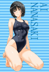 1girl amagami bafuku black_hair black_one-piece_swimsuit blue_background brown_eyes character_name collarbone commentary_request competition_swimsuit covered_navel full_body highleg highleg_one-piece_swimsuit kneeling nanasaki_ai one-piece_swimsuit short_hair solo striped_background swimsuit two-tone_swimsuit