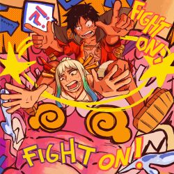 Rule 34 | !, 1girl, 2boys, ?, aqua hair, artist name, bare shoulders, black eyes, black hair, commentary, curled horns, dragon, earrings, english commentary, english text, facial scar, green hair, hair ornament, hair stick, highres, hoop earrings, horns, horse tail, jewelry, kouzuki momonosuke, long hair, monkey d. luffy, multicolored hair, multicolored horns, multiple boys, one piece, open mouth, orange horns, red horns, red shirt, sandals, scar, scar on cheek, scar on chest, scar on face, shirt, short hair, sleeveless, souyni, star (symbol), star earrings, tail, teeth, two-tone horns, white hair, yamato (one piece)
