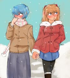 2girls ayanami_rei blue_eyes blue_hair blue_skirt blush bob_cut breath brown_cardigan brown_sweater cardigan coat embarrassed fur_trim grey_skirt hand_in_pocket highres holding_hands interface_headset_(evangelion) jwrry01 multiple_girls neon_genesis_evangelion pantyhose pleated_skirt red_coat red_eyes red_hair scarf skirt snow snowing souryuu_asuka_langley sweater winter winter_clothes winter_coat yuri