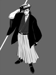 Rule 34 | 1boy, akame ga kill!, belt, bulat, cigarette, fingerless gloves, gloves, grey background, holding, holding staff, holding weapon, japanese clothes, loup-garou, male focus, monochrome, muscular, muscular male, over shoulder, pompadour, shoes, solo, staff, weapon, weapon over shoulder