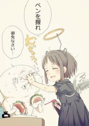 1girl :d anger_vein ano_ko_wa_toshi_densetsu black_dress blush brown_hair burger closed_eyes commentary_request dress facing_another fake_halo fake_horns fake_wings food gomennasai grabbing_another&#039;s_face grey_background halo head_grab holding holding_food horns inkwell open_mouth puffy_short_sleeves puffy_sleeves short_sleeves simple_background smile speech_bubble translation_request white_wings wings zangyaku-san