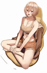 1girl armpit_crease barefoot blush breasts brown_hair brown_shorts brown_sports_bra chair cleavage collarbone double-parted_bangs film_grain full_body gaming_chair hair_between_eyes hands_on_own_leg highres indian_style isshiki_(ffmania7) jewelry large_breasts long_bangs necklace no_shirt open_mouth original red_eyes short_hair short_shorts shorts simple_background sitting smile solo sports_bra stomach swivel_chair white_background