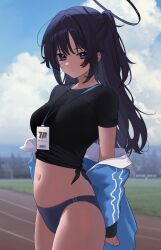 1girl black_shirt blue_archive blue_buruma blue_hair blue_jacket blush breasts buruma closed_mouth commentary_request day halo highres jacket large_breasts long_hair looking_at_viewer myao_(o3o333) navel official_alternate_costume outdoors purple_eyes shirt short_sleeves solo stomach yuuka_(blue_archive) yuuka_(track)_(blue_archive)