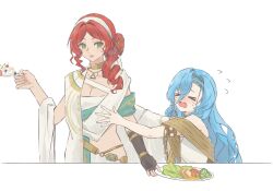 Rule 34 | &gt; &lt;, 2girls, 37 (reverse:1999), :o, ancient greek clothes, armlet, black gloves, blue hair, breasts, broccoli, cleavage, crying, fingerless gloves, flying sweatdrops, food, gloves, gold choker, greco-roman clothes, green eyes, hair bun, hairband, highres, holding, holding plate, ice cream, jewelry, lettuce, long hair, looking at another, looking to the side, medium hair, multiple girls, open mouth, outstretched arms, plate, red hair, reverse:1999, rokilly, salad, single glove, single side bun, sophia (reverse:1999), teardrop, toga, tomato, white background, white hairband