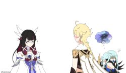Rule 34 | aether (genshin impact), ahoge, bakenekmoon, black hair, blonde hair, blue hair, blush, blush visible through hair, braid, cape, closed eyes, columbina (genshin impact), dottore (genshin impact), dress, earrings, genshin impact, head wings, highres, jewelry, multicolored hair, single earring, speech bubble, streaked hair, thought bubble, white dress, wings