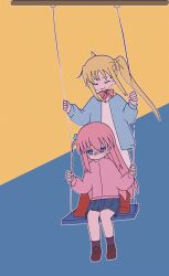 2girls ahoge animated animated_gif black_socks blonde_hair blue_eyes blue_jacket bocchi_the_rock! brown_footwear bukei closed_mouth cube_hair_ornament gloom_(expression) gotoh_hitori grey_skirt hair_between_eyes hair_ornament ijichi_nijika jacket loafers long_hair long_sleeves multiple_girls on_swing one_side_up pink_hair pink_jacket pleated_skirt sailor_collar shaded_face shoes side_ponytail sidelocks sitting skirt smile socks standing standing_on_swing swing swinging_on_swing track_jacket