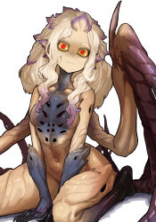 Rule 34 | 1girl, absurdres, black sclera, blonde hair, blue skin, breasts, claws, collarbone, colored sclera, colored skin, dragon girl, dragon wings, ekrea jan, gradient hair, highres, looking at viewer, medium hair, monster girl, monster hunter: world, monster hunter (series), multicolored hair, multicolored skin, personification, purple hair, red pupils, shara ishvalda, sitting, small breasts, solo, two-tone hair, two-tone skin, wariza, white background, wings, yellow eyes, yellow skin