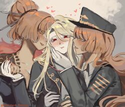 3girls black_coat black_kimono black_nails blonde_hair blush breasts cleavage coat collared_shirt don_quixote_(project_moon) freckles gloves green_jacket grey_background hair_bun hat heart highres holding_hands ishmael_(project_moon) jacket japanese_clothes kimono kurokumo_clan_(identity)_(project_moon) la_manchaland_(identity)_(project_moon) limbus_company long_hair looking_at_another looking_at_viewer mircalladesire multiple_girls open_mouth orange_eyes orange_hair parted_bangs peaked_cap pequod_(identity)_(project_moon) project_moon red_eyes red_nails shirt simple_background tattoo upper_body very_long_hair white_gloves white_shirt yuri