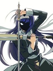1girl black_dress blue_eyes blue_hair commentary cowboy_shot dress dual_wielding english_commentary floating_hair hairband hellsing highres holding holding_sword holding_weapon long_hair orie_ballardiae_harada shaded_face simple_background solo sora_(zombiebathwater) sword under_night_in-birth weapon white_background white_hairband