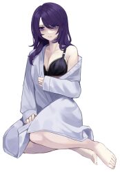1girl aegyo_sal armpit_crease asahina_mafuyu&#039;s_mother barefoot black_bra bra breasts closed_mouth coat collarbone empty_eyes full_body hair_between_eyes hair_over_shoulder highres jewelry jishou_210 lace lace-trimmed_bra lace_trim long_hair long_sleeves looking_to_the_side mature_female no_shirt project_sekai purple_eyes purple_hair ring simple_background single_bare_shoulder sitting solo unbuttoning underwear undressing white_background white_coat