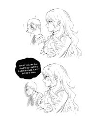 Rule 34 | 1boy, 1girl, anger vein, ascot, commentary, crying, drill hair, english commentary, english text, from side, highres, kirijou mitsuru, long hair, monochrome, persona, persona 3, profile, sanada akihiko, shirt, simple background, soc nau, sparkle, speech bubble, upper body, white background