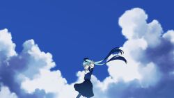 1girl aqua_hair balancing blue_sky closed_eyes closed_mouth cloud cloudy_sky commentary english_commentary feet_out_of_frame from_side grey_skirt hatsune_miku highres long_hair miku_day nengoro outdoors outstretched_arms pleated_skirt scenery shirt short_sleeves skirt sky sky_focus smile solo spread_arms standing twintails very_long_hair vocaloid white_shirt wide_shot