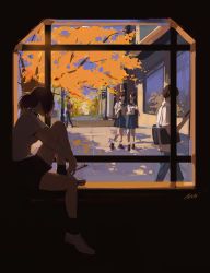 1girl absurdres bandaged_wrist bandages black_choker black_legwear black_shorts chainsaw_man choker collared_shirt facing_away from_side full_body hair_bun hair_over_face hidden_face highres holding holding_pencil knee_up leaf looking_afar null_(skev7724) pencil people purple_hair reze_(chainsaw_man) school_uniform shirt shoes short_hair short_sleeves shorts sidewalk single_hair_bun sitting sitting_in_window sneakers socks traffic_light tree white_footwear white_shirt windowsill