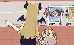 Rule 34 | 6+girls, ad, ahoge, binoculars, black hairband, black horns, black wings, blonde hair, brick road, demon girl, demon horns, demon wings, eye mask, fortissimo, grey hat, hair ornament, hairband, hat, holding, holding binoculars, holding tissue, hololive, hololive dev is, horns, houshou marine, multiple girls, musical note, musical note hair ornament, one side up, oozora subaru, oozora subaru (work), otonose kanade, otonose kanade (1st costume), pointing, pointing to the side, pokobee, red ribbon, ribbon, road, sakamata chloe, sakana (saka11205), shirogane noel, sweatdrop, takane lui, tanuki, todoroki hajime, twintails, two side up, virtual youtuber, wings, yuzuki choco