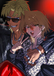 2boys animal_print chain cigarette crossdressing earrings highres jewelry jonouchi_katsuya keith_howard leopard_print multiple_boys ring smoke smoking sunglasses tanutanax v yu-gi-oh!